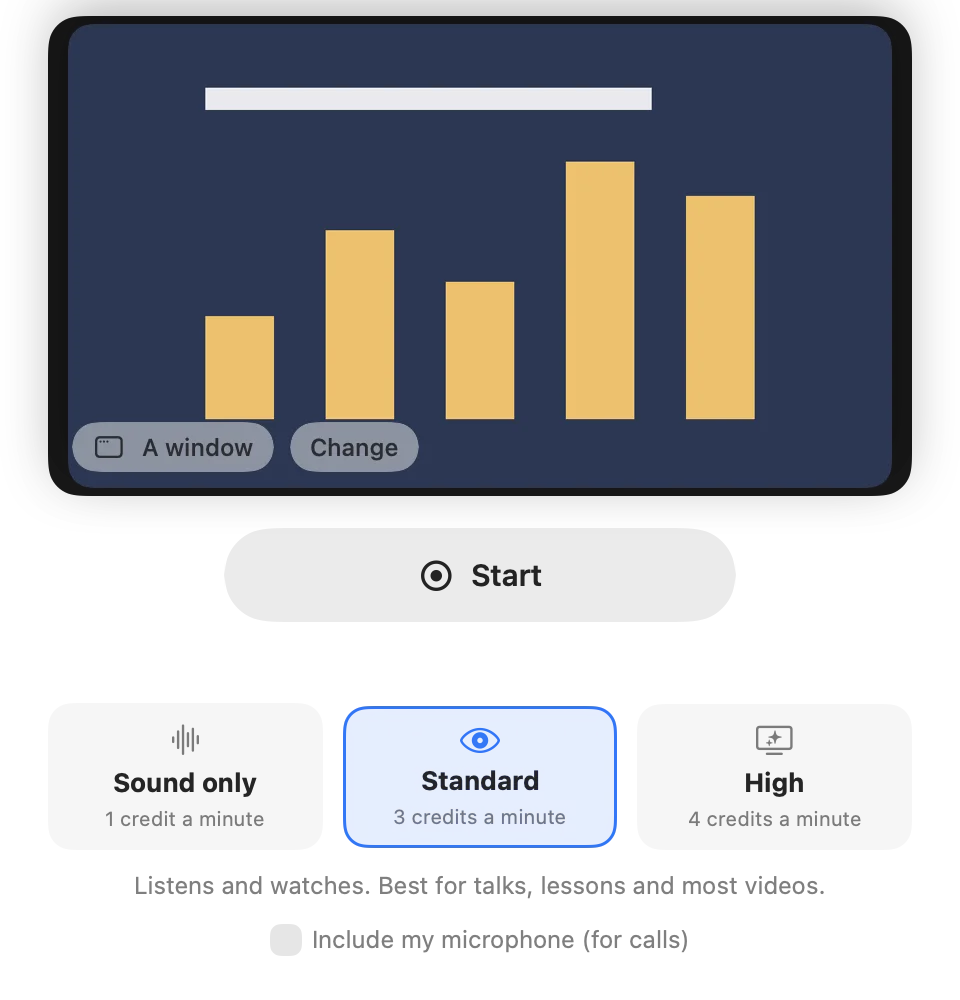Screen Gist ready to summarize a window, with Sound only, Standard and High quality options