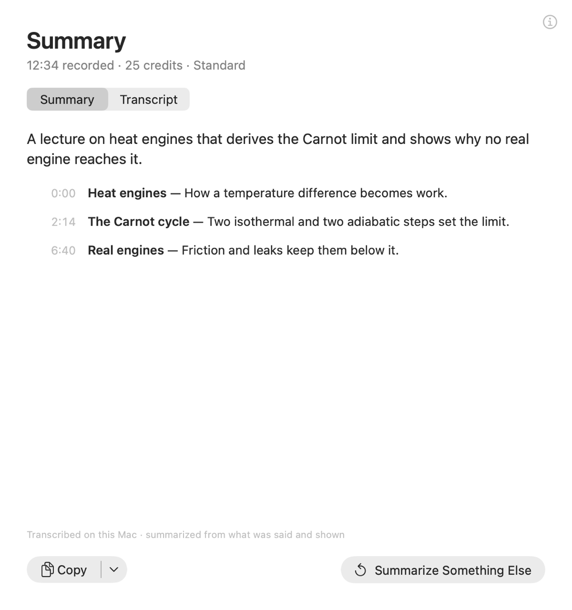 Screen Gist showing a summary of a lecture: a two-sentence overview and timed chapters