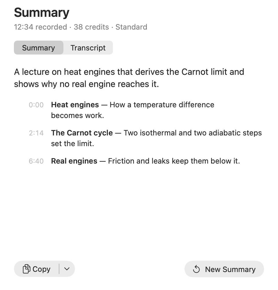 Screen Gist showing the summary of a 12-minute lecture: a two-sentence overview and timed chapters, with Copy and New Summary